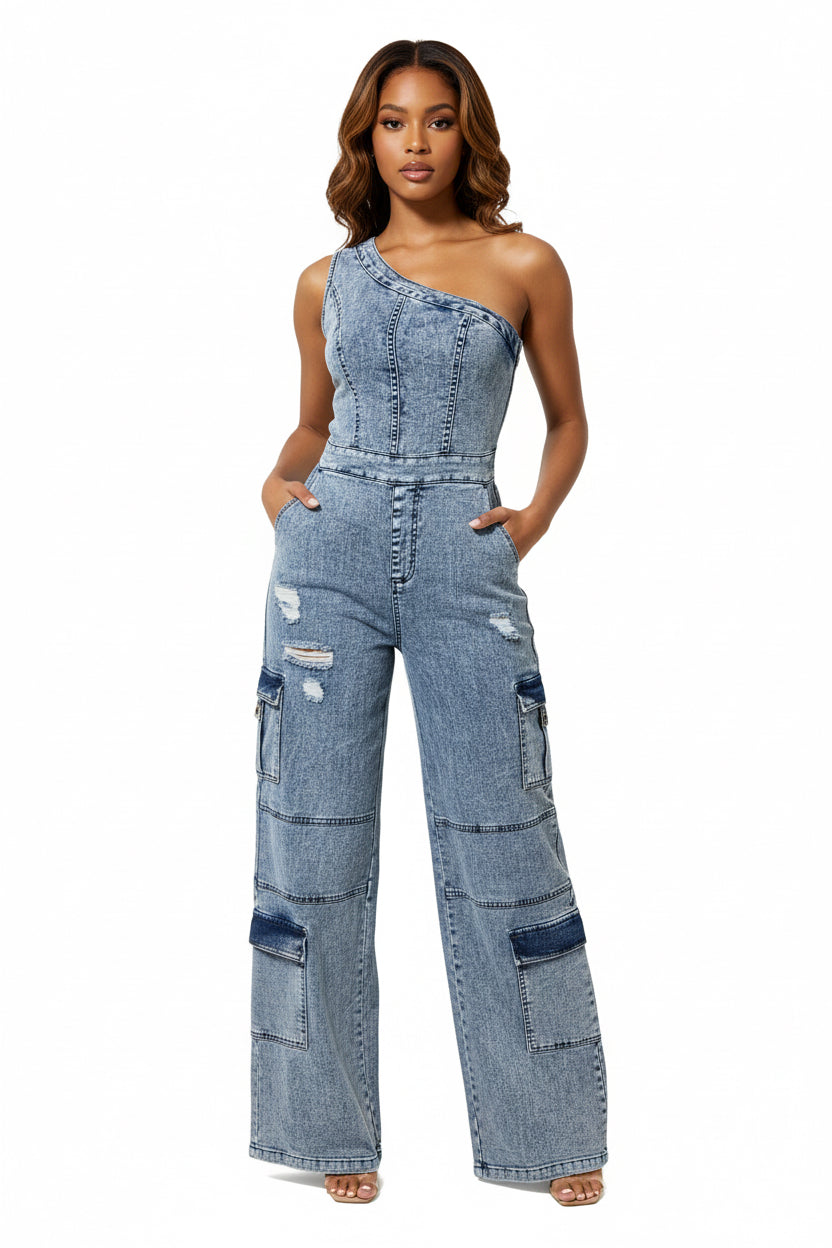 Slanted shoulder tight waist slim fit elastic wash denim jumpsuit