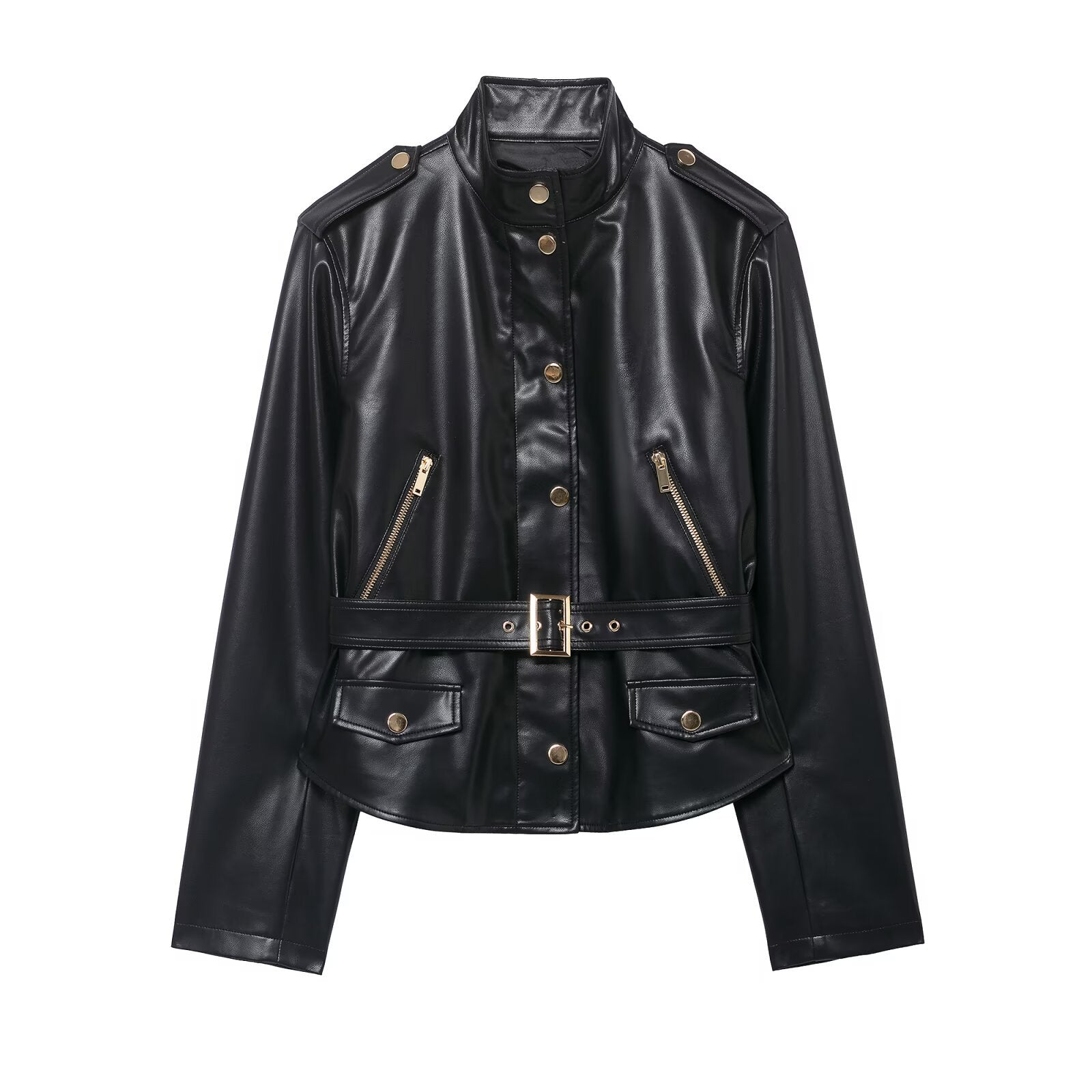 Black Belted Leather Jacket and Matching Trousers Set