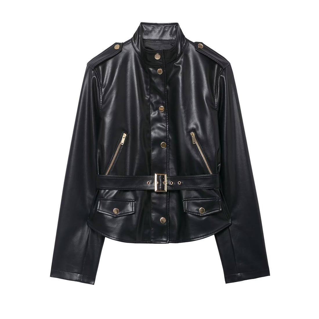 Black Belted Leather Jacket and Matching Trousers Set