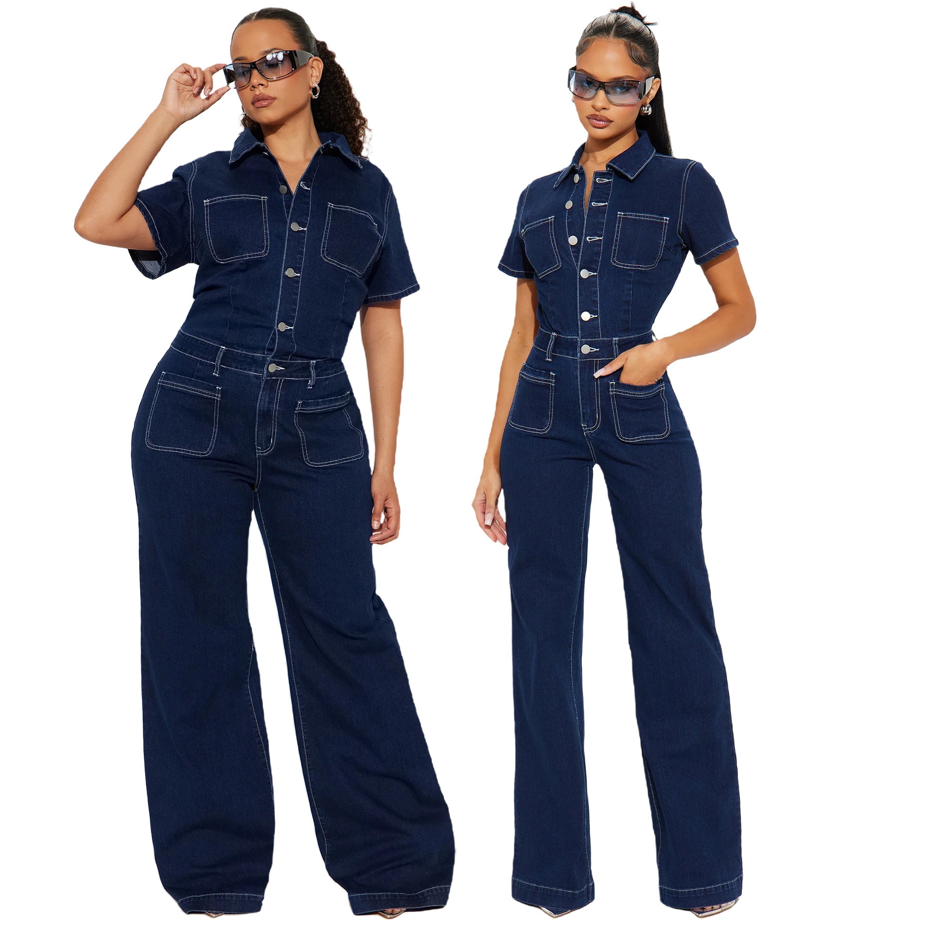 Wide leg e flared short sleeved denim jumpsuit