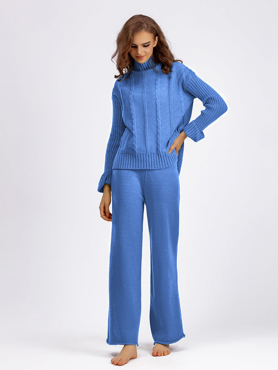 turtleneck knitted sweater two-piece set wide-leg pants