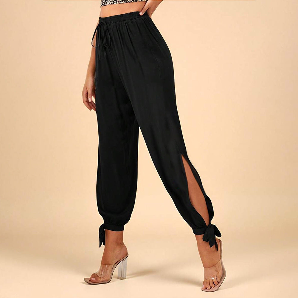 Black High-waisted Drawstring Split leg Tie-cuff Pants