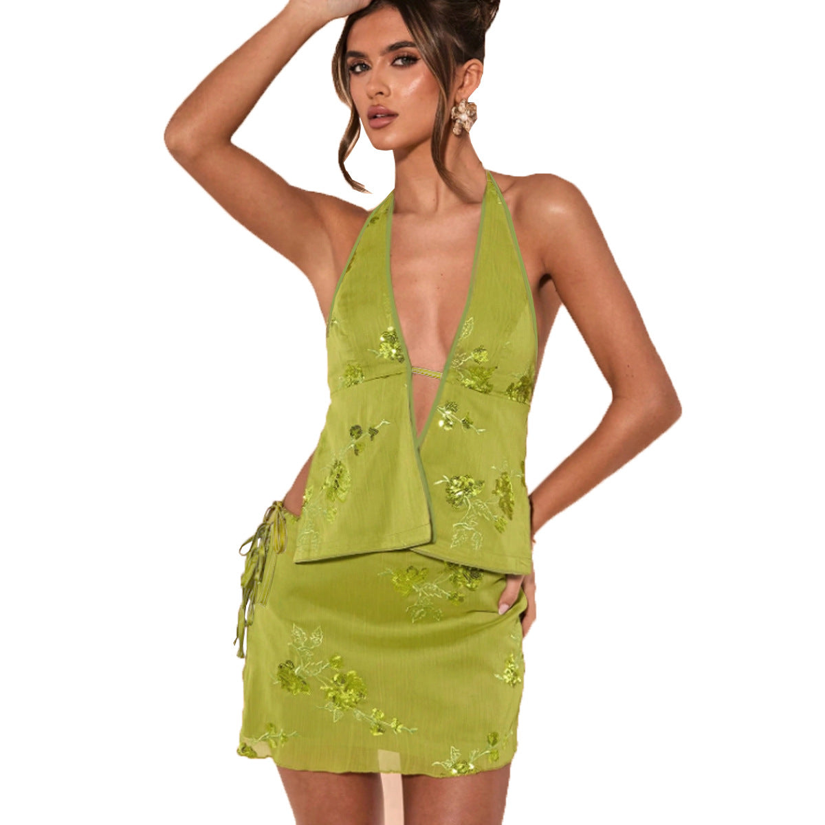 Elegant backless strap hanging neck skirt two piece Set