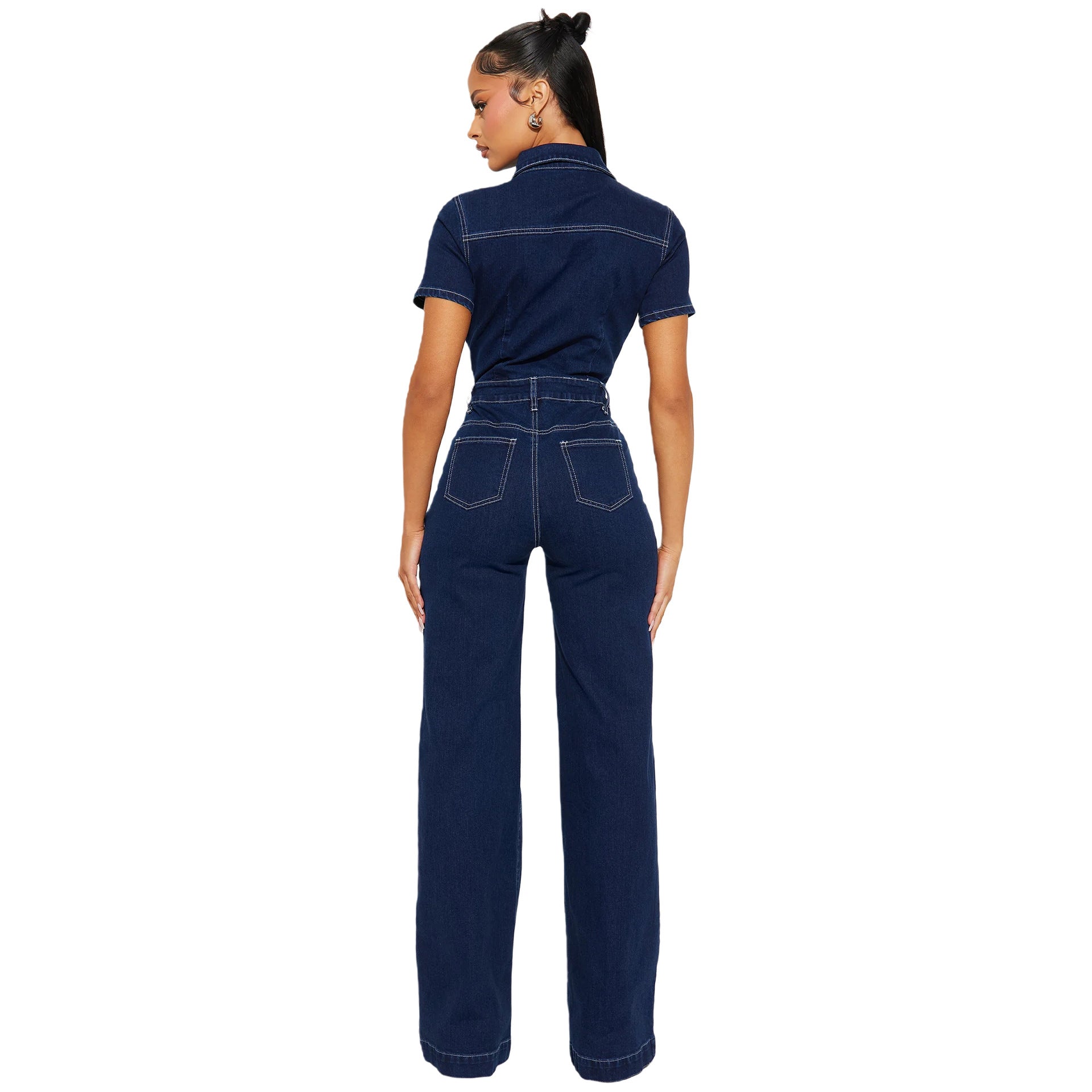 Wide leg e flared short sleeved denim jumpsuit