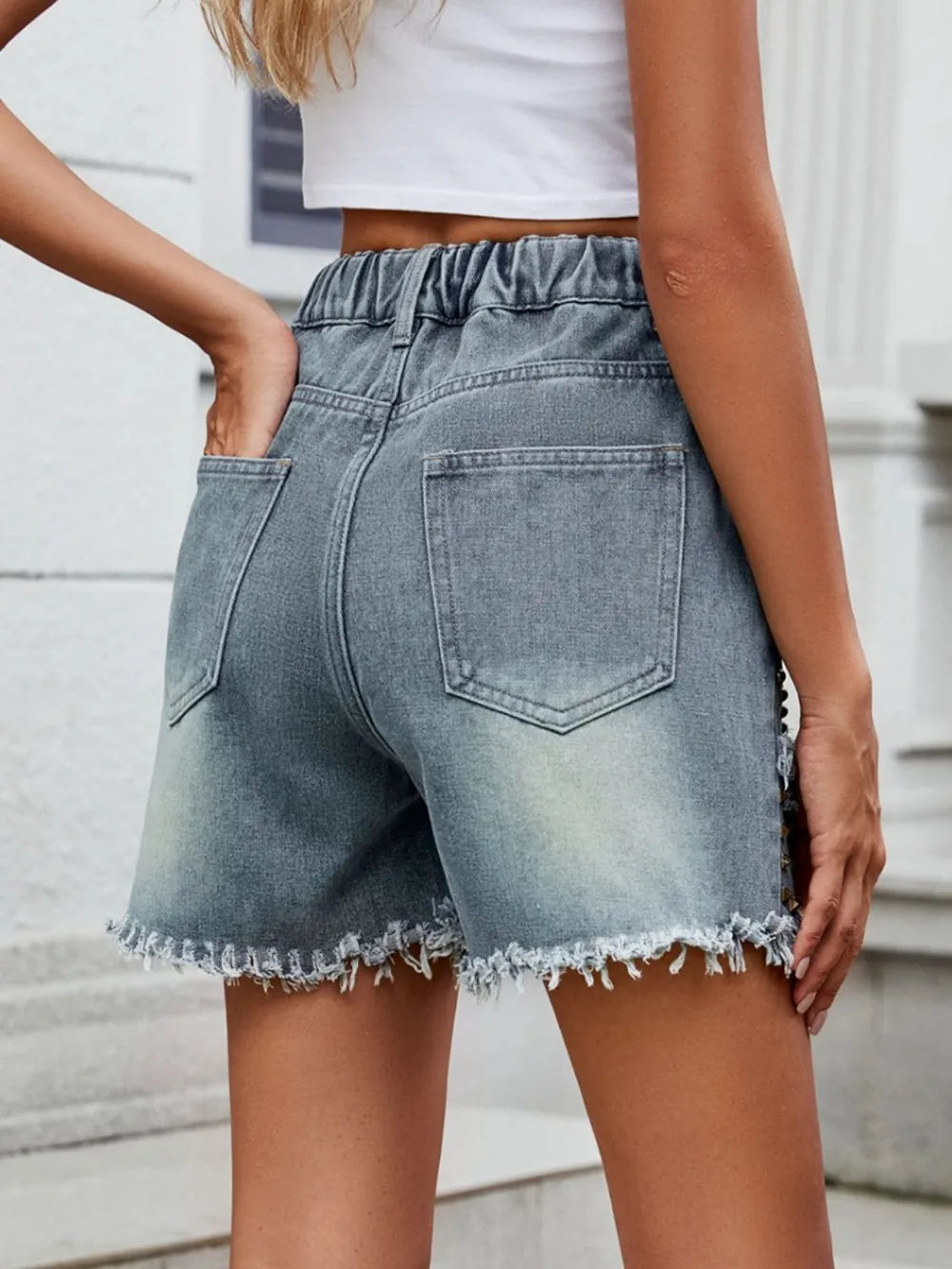 Raw Hem Studded Denim Shorts