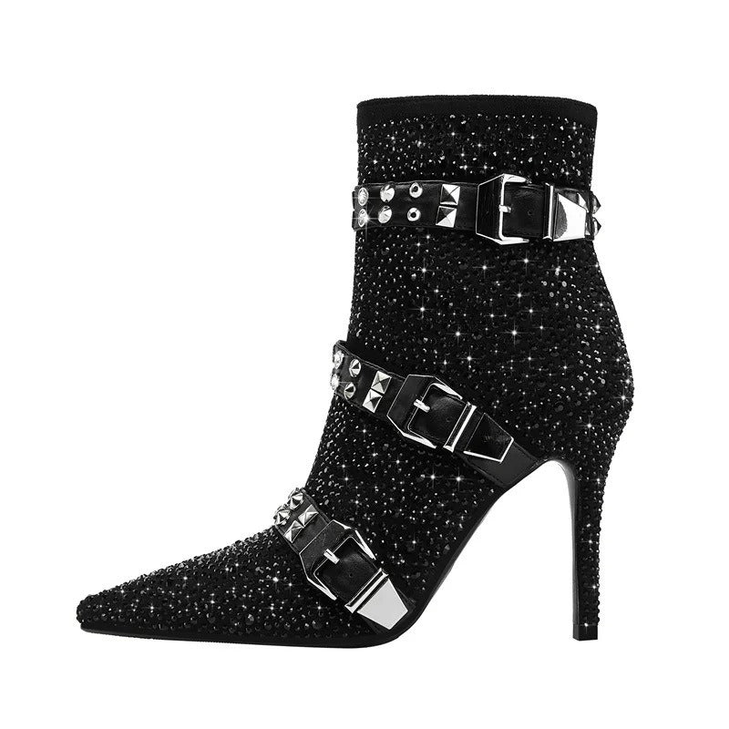 Crystal Stud Buckle Ankle Boots