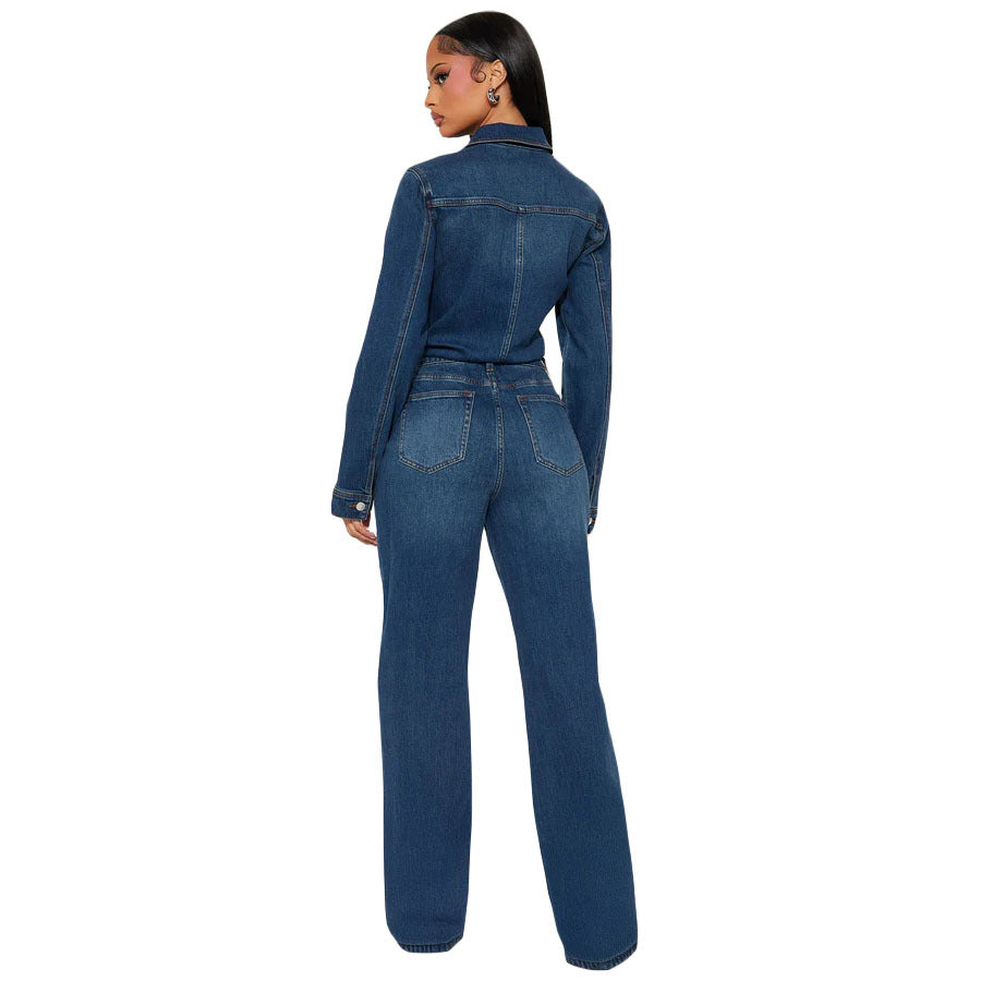 elastic long sleeved denim jumpsuit