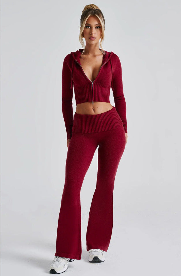 Knit Zip-Up Hoodie & Flared Pants Matching Two piece Set