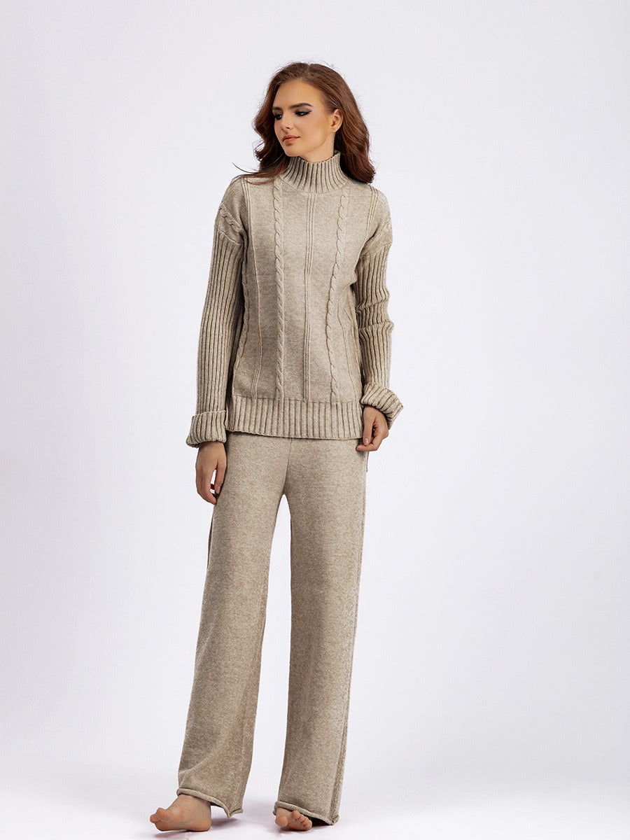 turtleneck knitted sweater two-piece set wide-leg pants