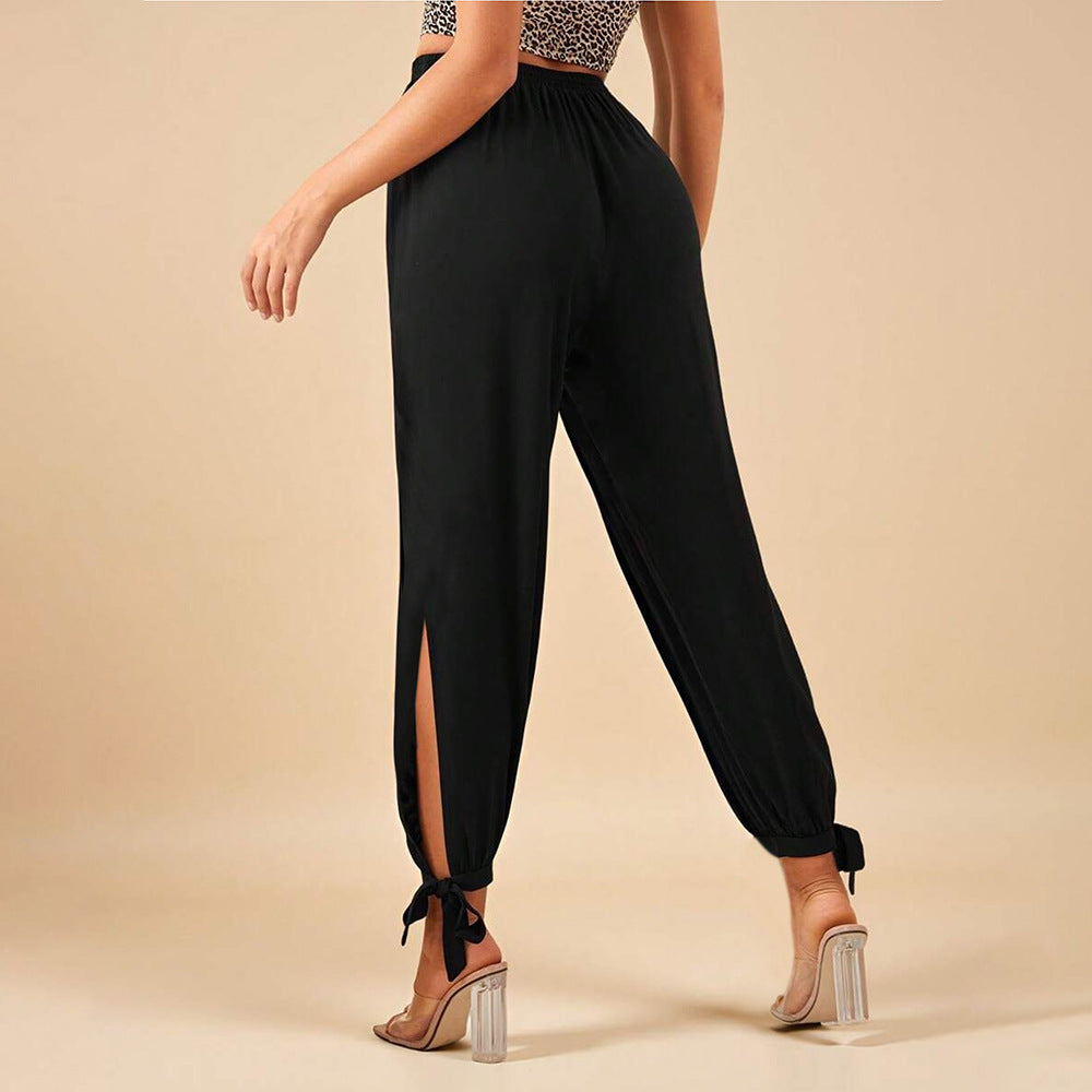 Black High-waisted Drawstring Split leg Tie-cuff Pants