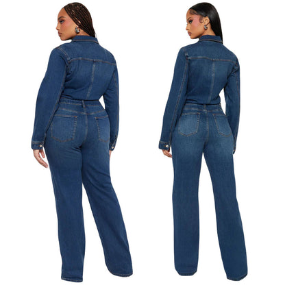elastic long sleeved denim jumpsuit