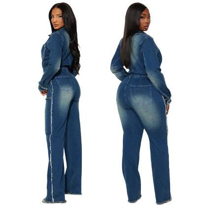 fitted long sleeved denim jumpsuit
