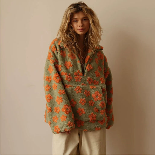 Floral Print Sherpa Pullover - Women&