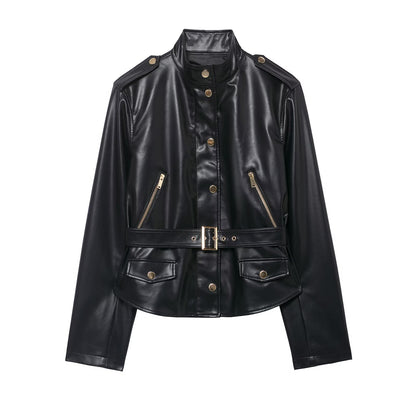 Black Belted Leather Jacket and Matching Trousers Set