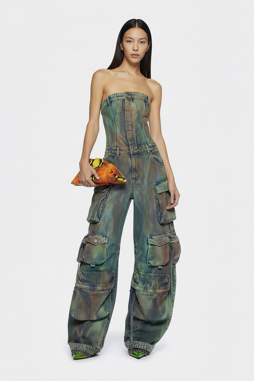 Strapless Sleeveless Cargo Jumpsuit ,