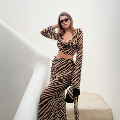 Slant  printed mesh sleeve two piece skirt set