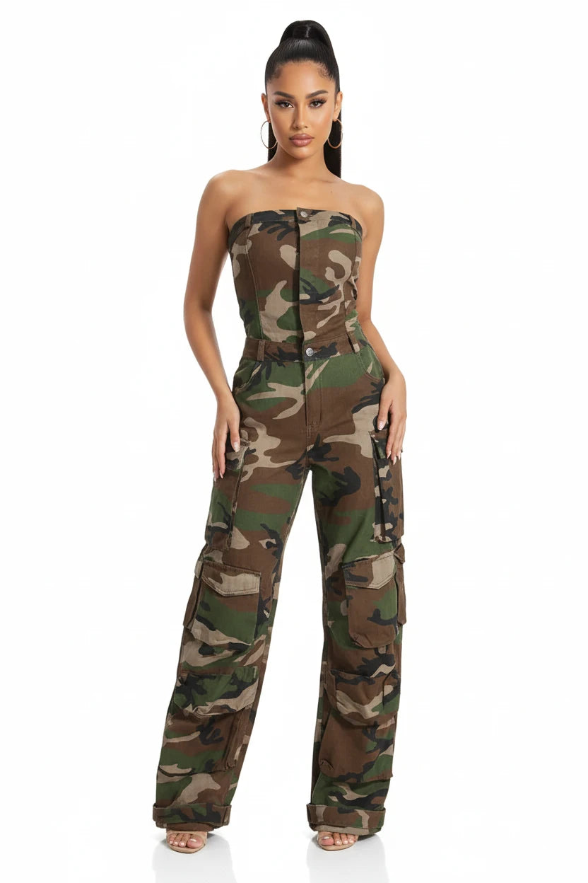 Women’s Strapless Sleeveless Cargo Jumpsuit