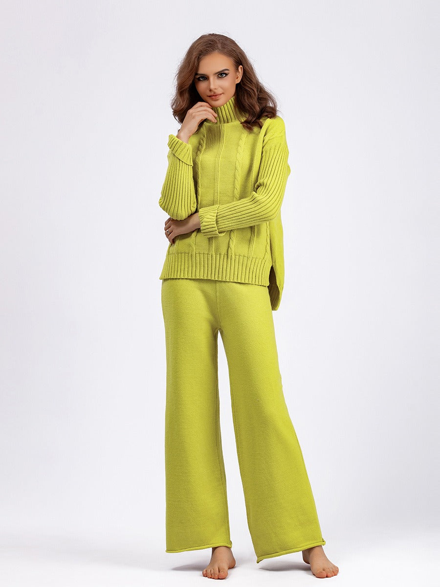 turtleneck knitted sweater  two-piece set wide-leg pants