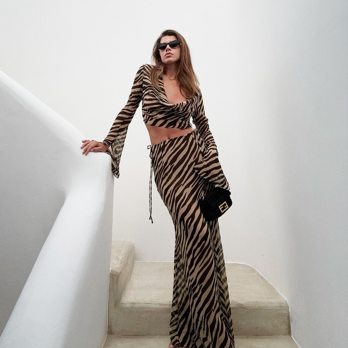 Slant  printed mesh sleeve two piece skirt set