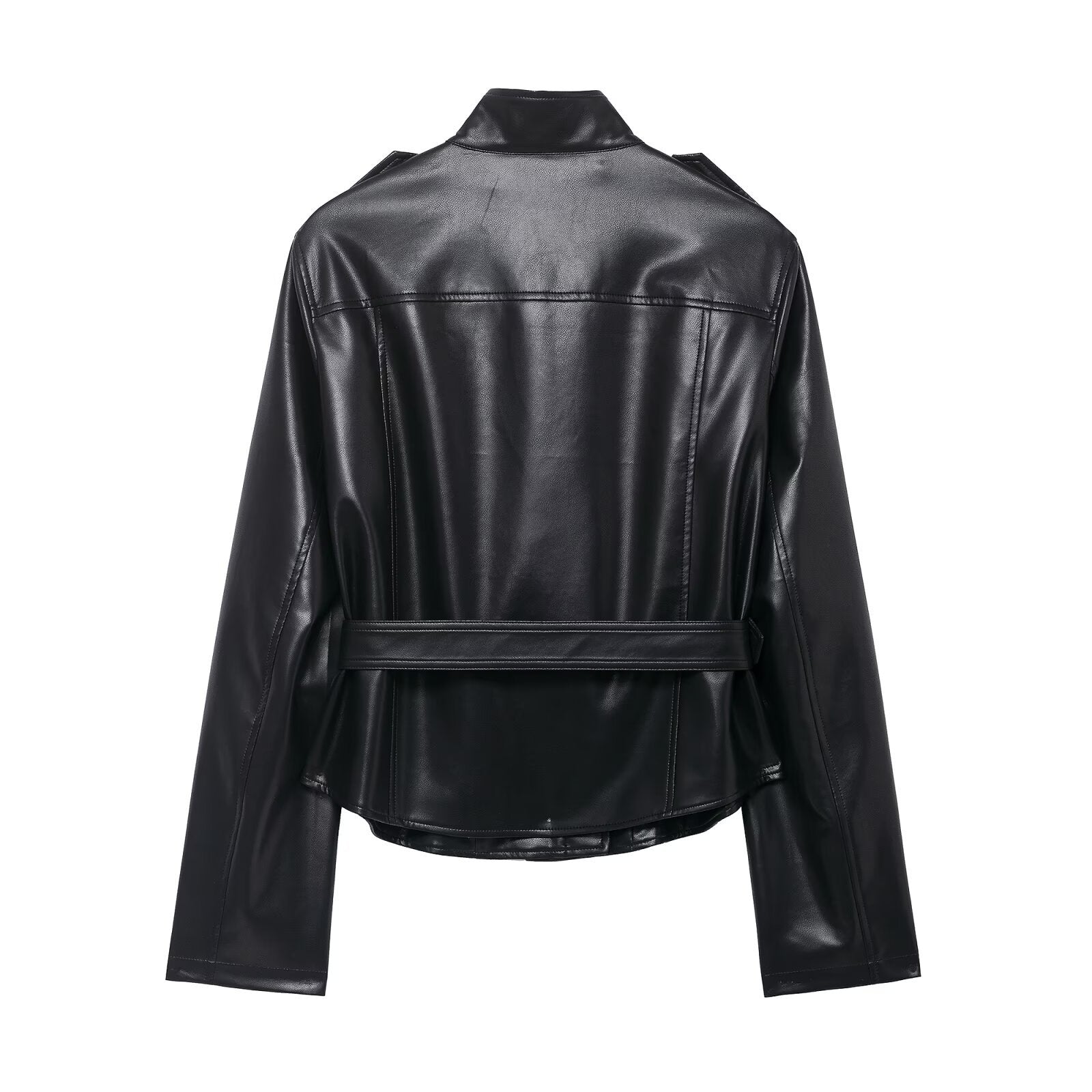 Black Belted Leather Jacket and Matching Trousers Set