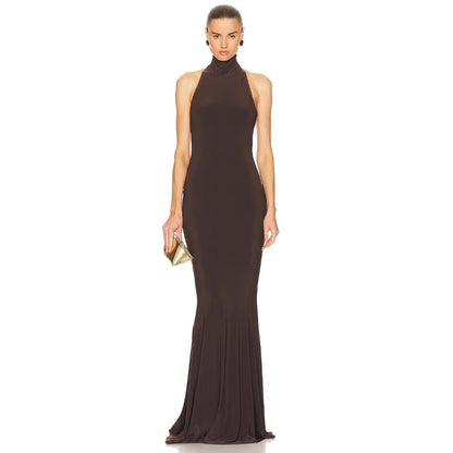Hanging neck backless fishtail evening maxi  formal dress