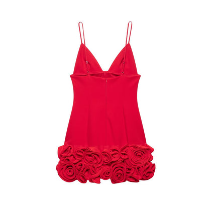 Embossed Red Flower Design Mini Floral Dress