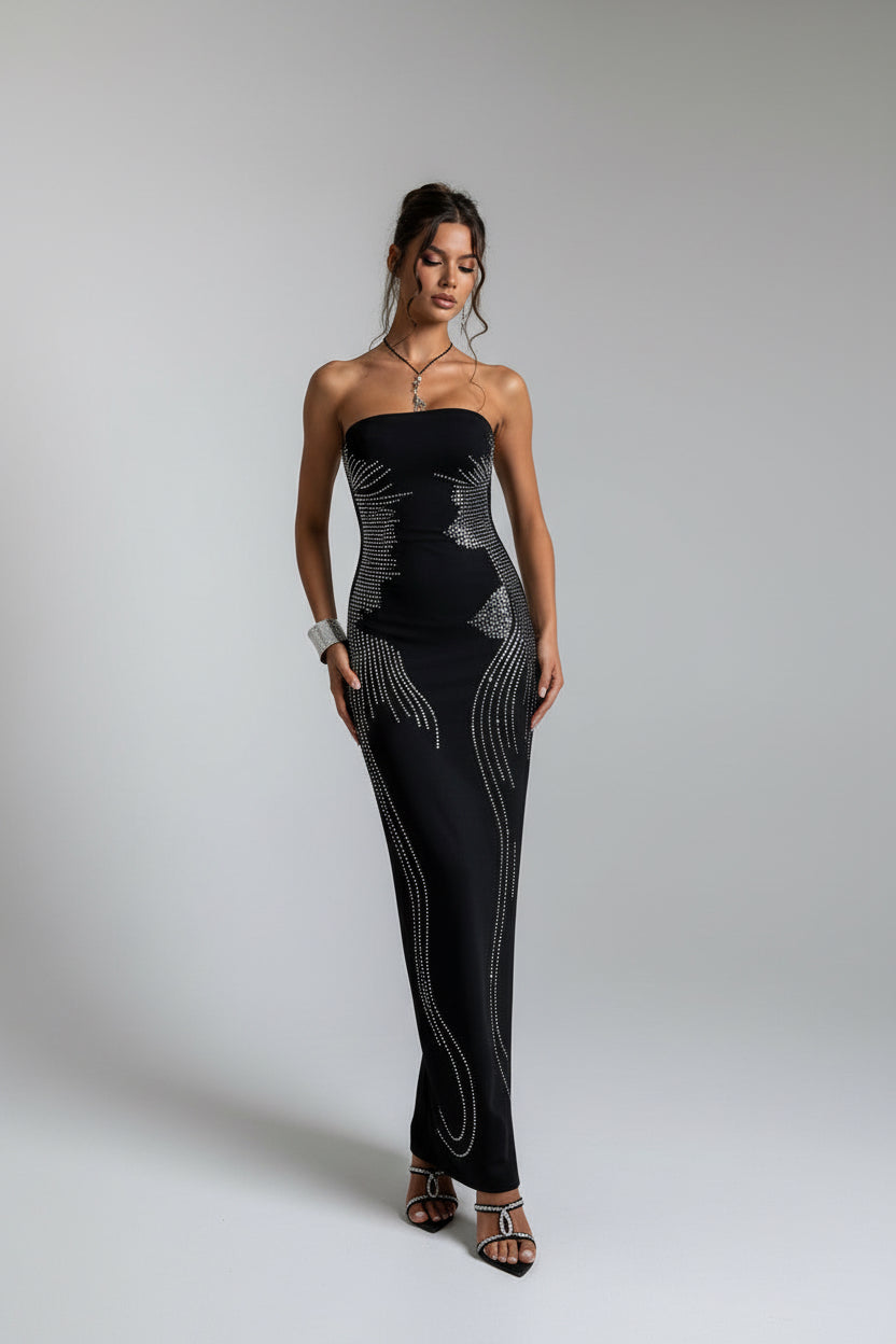 stamping strapless maxi  dress