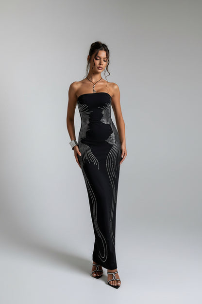 stamping strapless maxi  dress