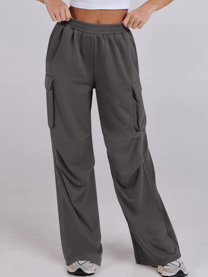 Elastic Waist Wide Leg Loose Pants with Pockets