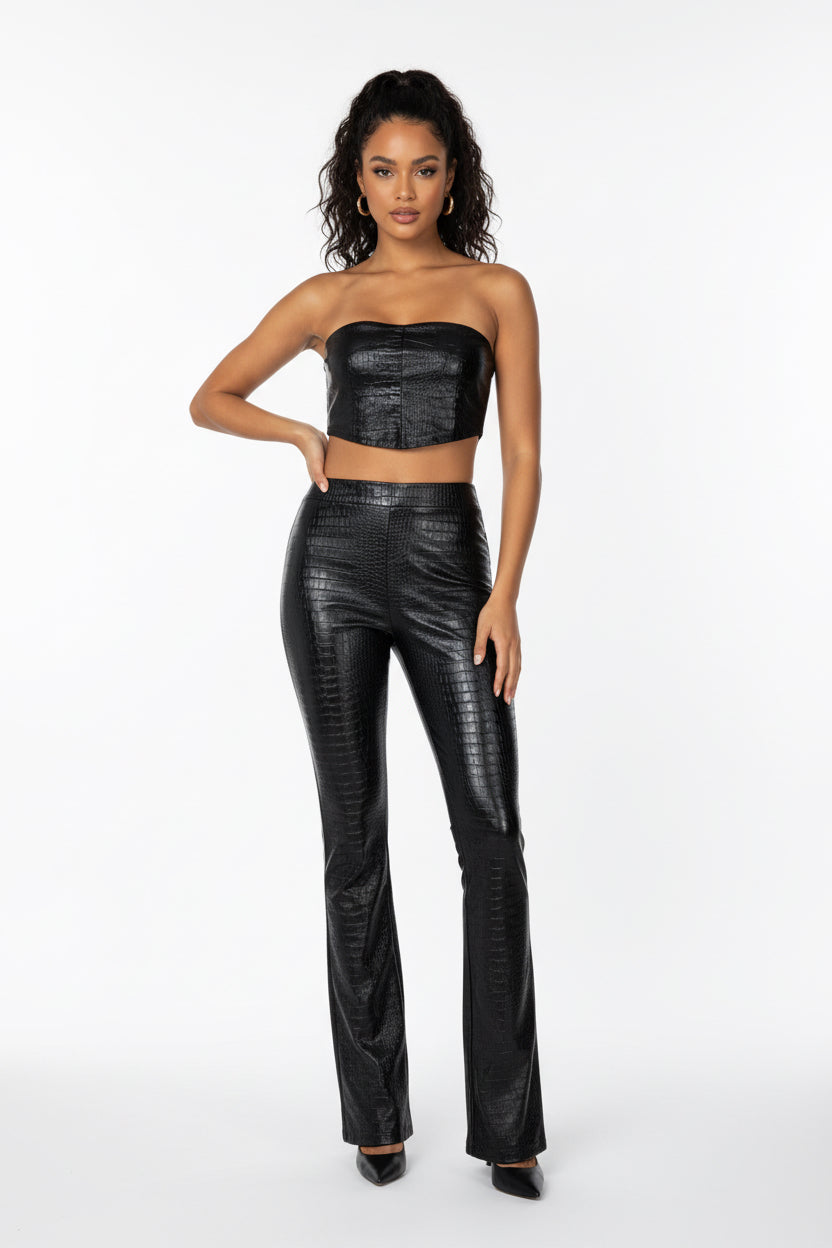 Sleeveless Pu Leather Backless Tube Top 2 Pieces Set Tracksuit