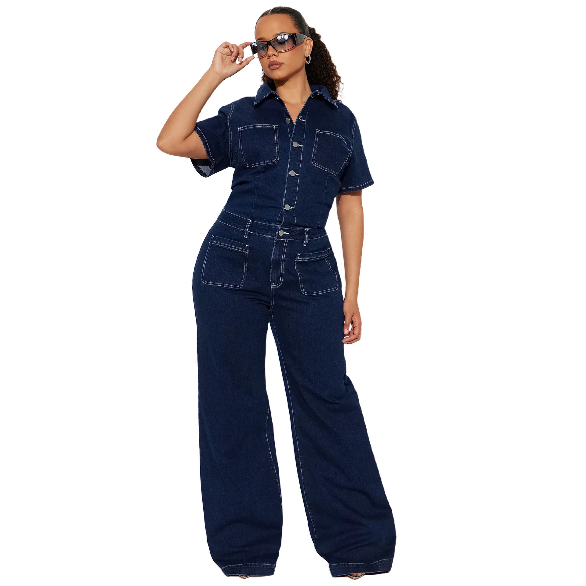 Wide leg e flared short sleeved denim jumpsuit