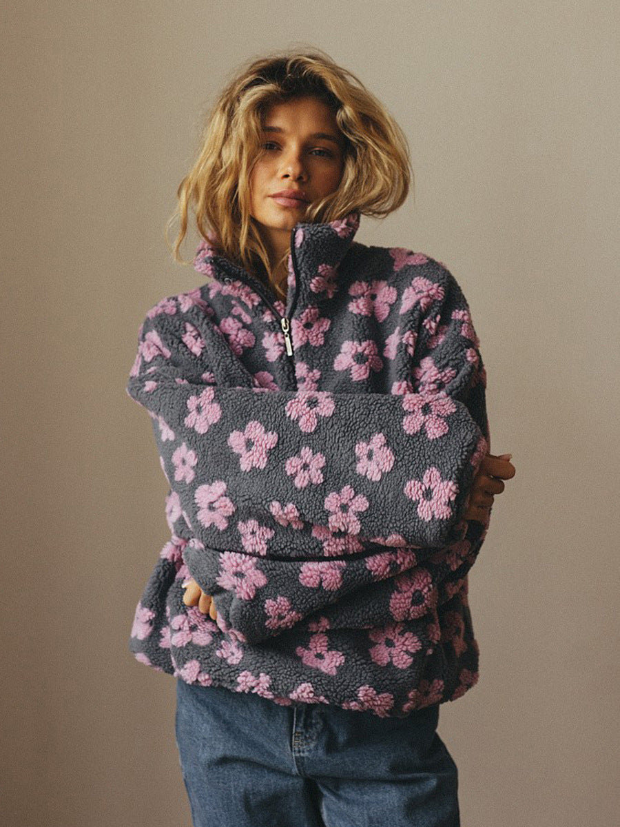 Floral Print Sherpa Pullover - Women&
