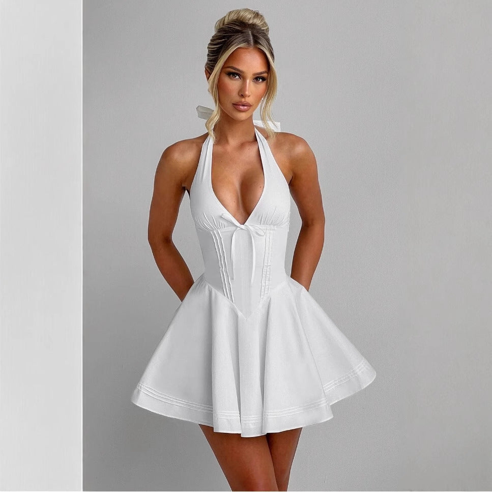 Deep V-neck chic backless strap dress