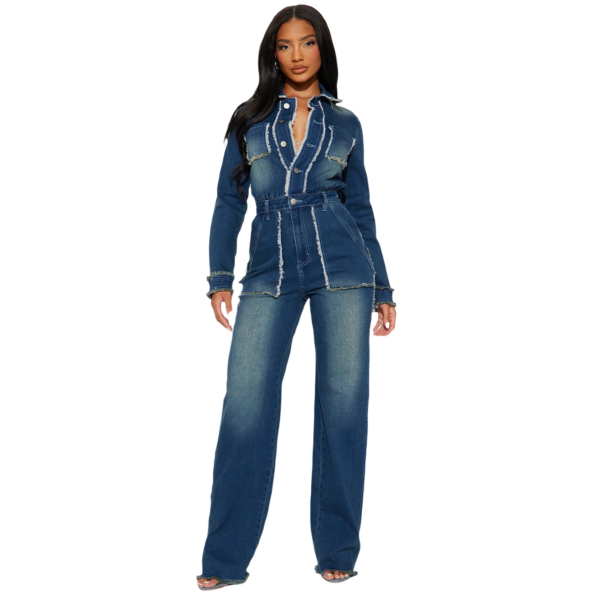 fitted long sleeved denim jumpsuit