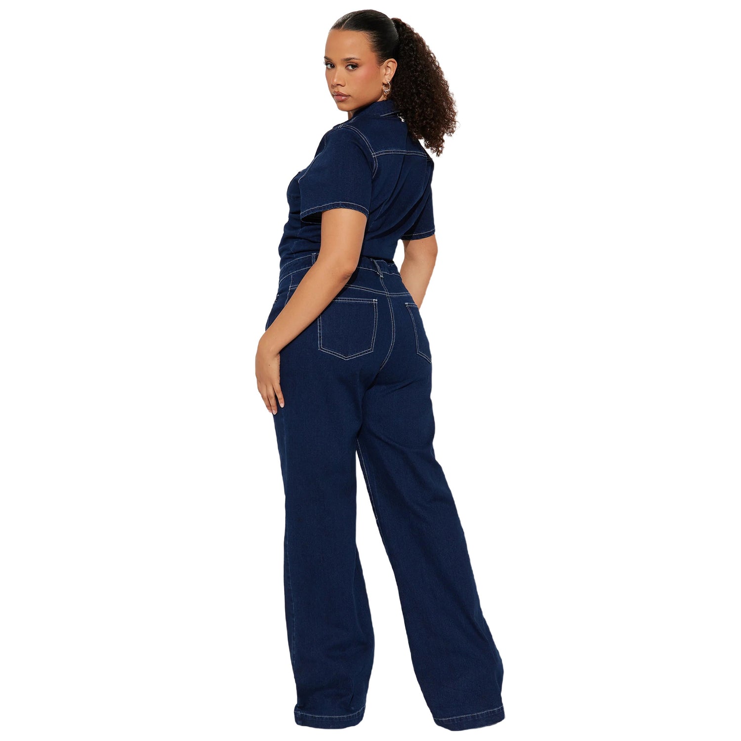 Wide leg e flared short sleeved denim jumpsuit