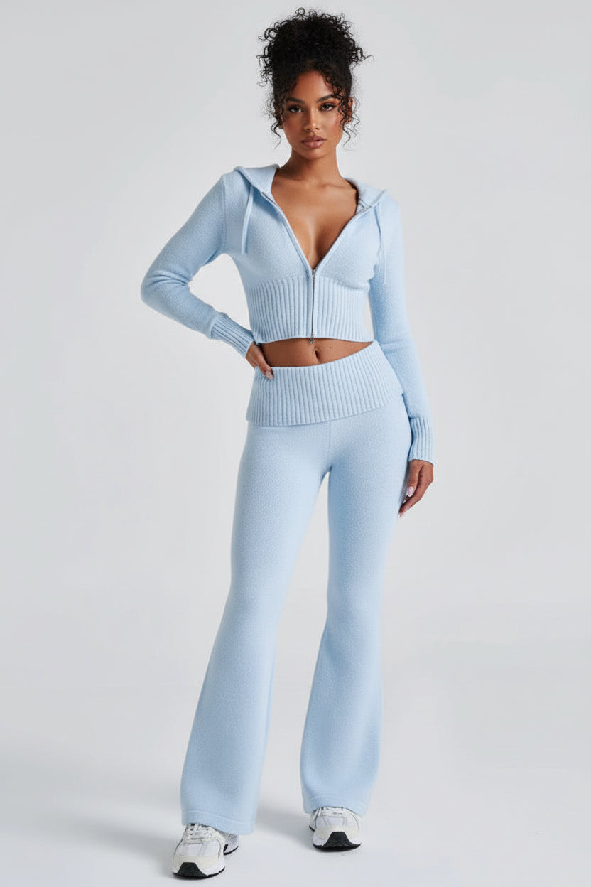 Knit Zip-Up Hoodie &amp; Flared Pants Matching Two piece Set