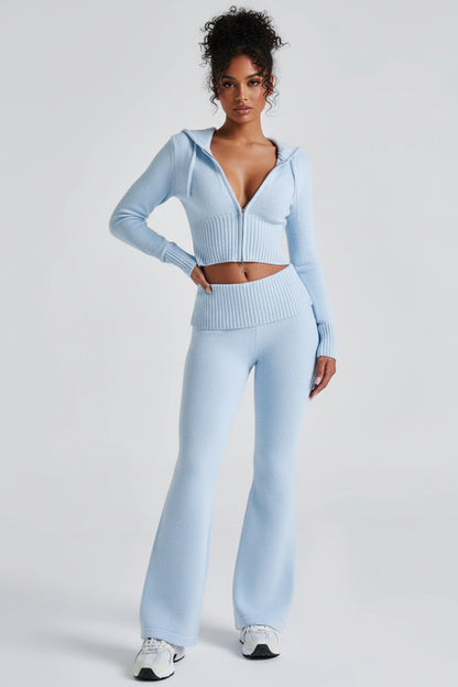 Knit Zip-Up Hoodie &amp; Flared Pants Matching Two piece Set