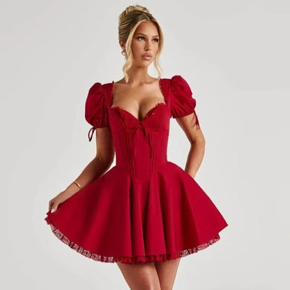 Square collar lace bubble short sleeved  Mini dress