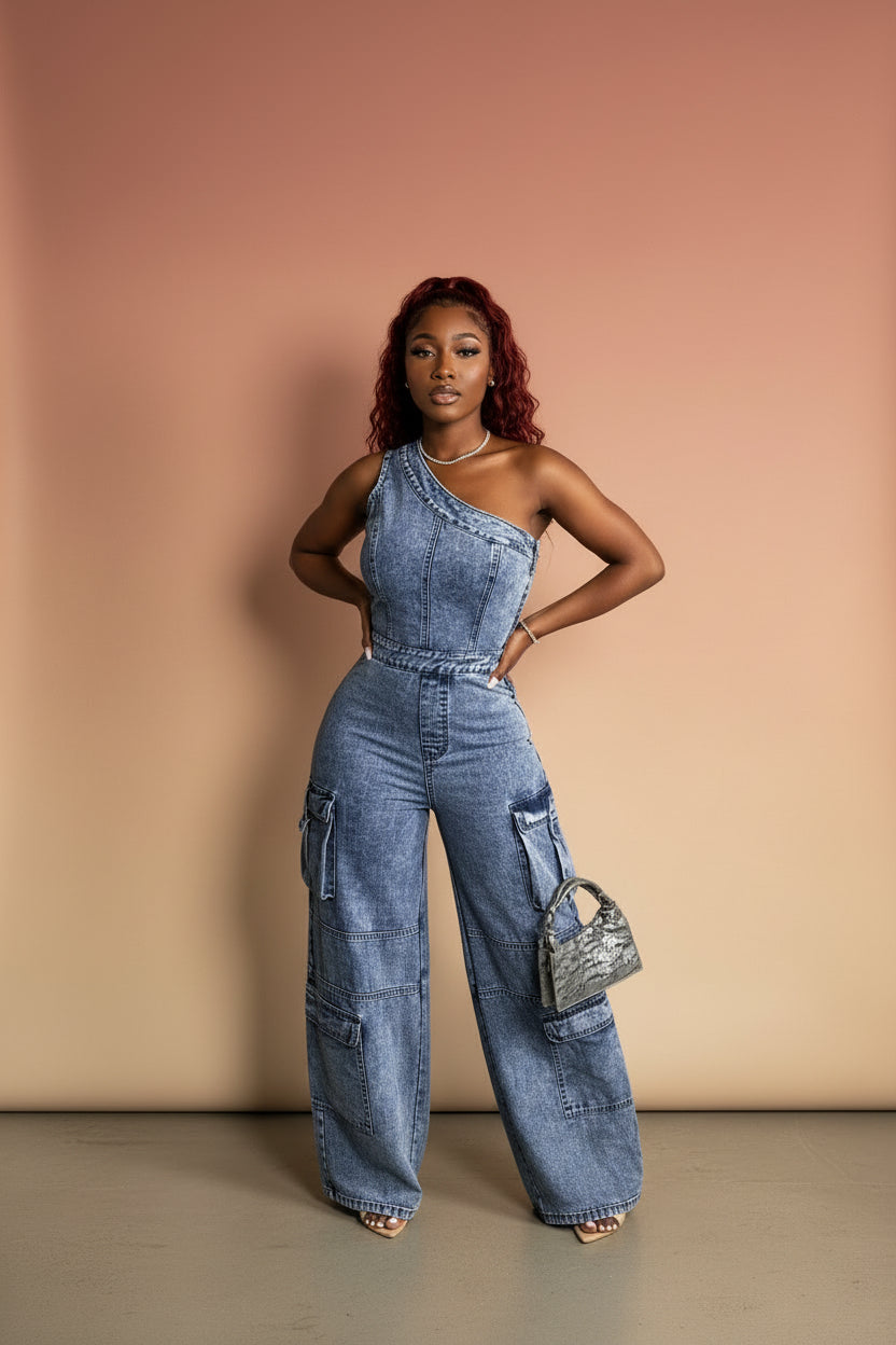 Slanted shoulder tight waist slim fit elastic wash denim jumpsuit