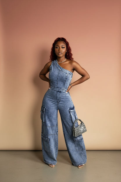 Slanted shoulder tight waist slim fit elastic wash denim jumpsuit