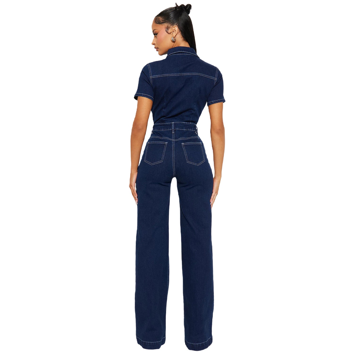 Wide leg e flared short sleeved denim jumpsuit
