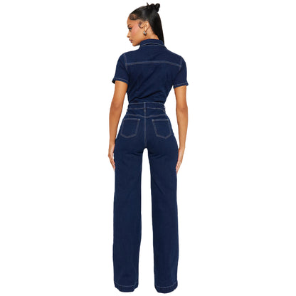Wide leg e flared short sleeved denim jumpsuit