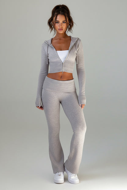 Knit Zip-Up Hoodie &amp; Flared Pants Matching Two piece Set