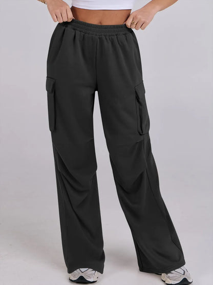 Elastic Waist Wide Leg Loose Pants with Pockets