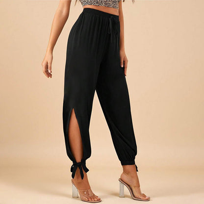 Black High-waisted Drawstring Split leg Tie-cuff  Pants