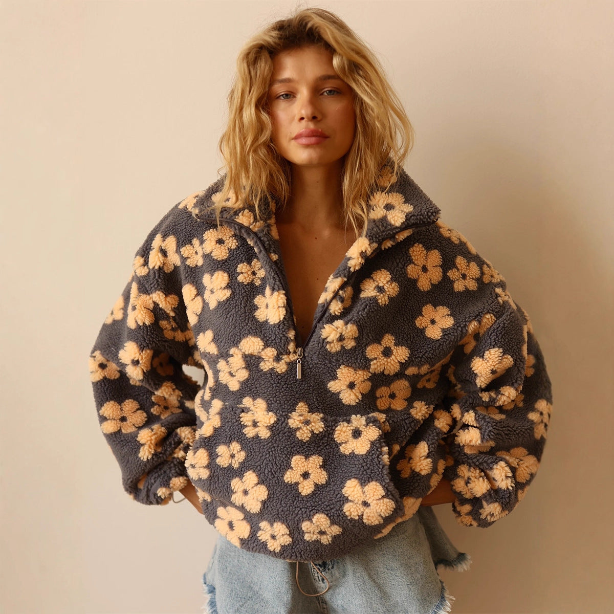 Floral Print Sherpa Pullover - Women&
