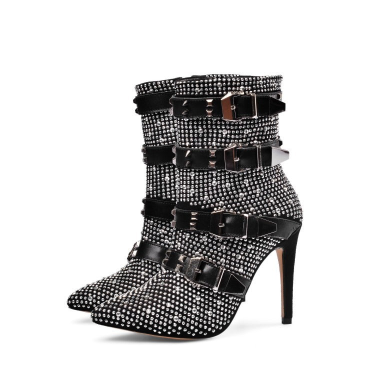 Crystal Stud Buckle Ankle Boots