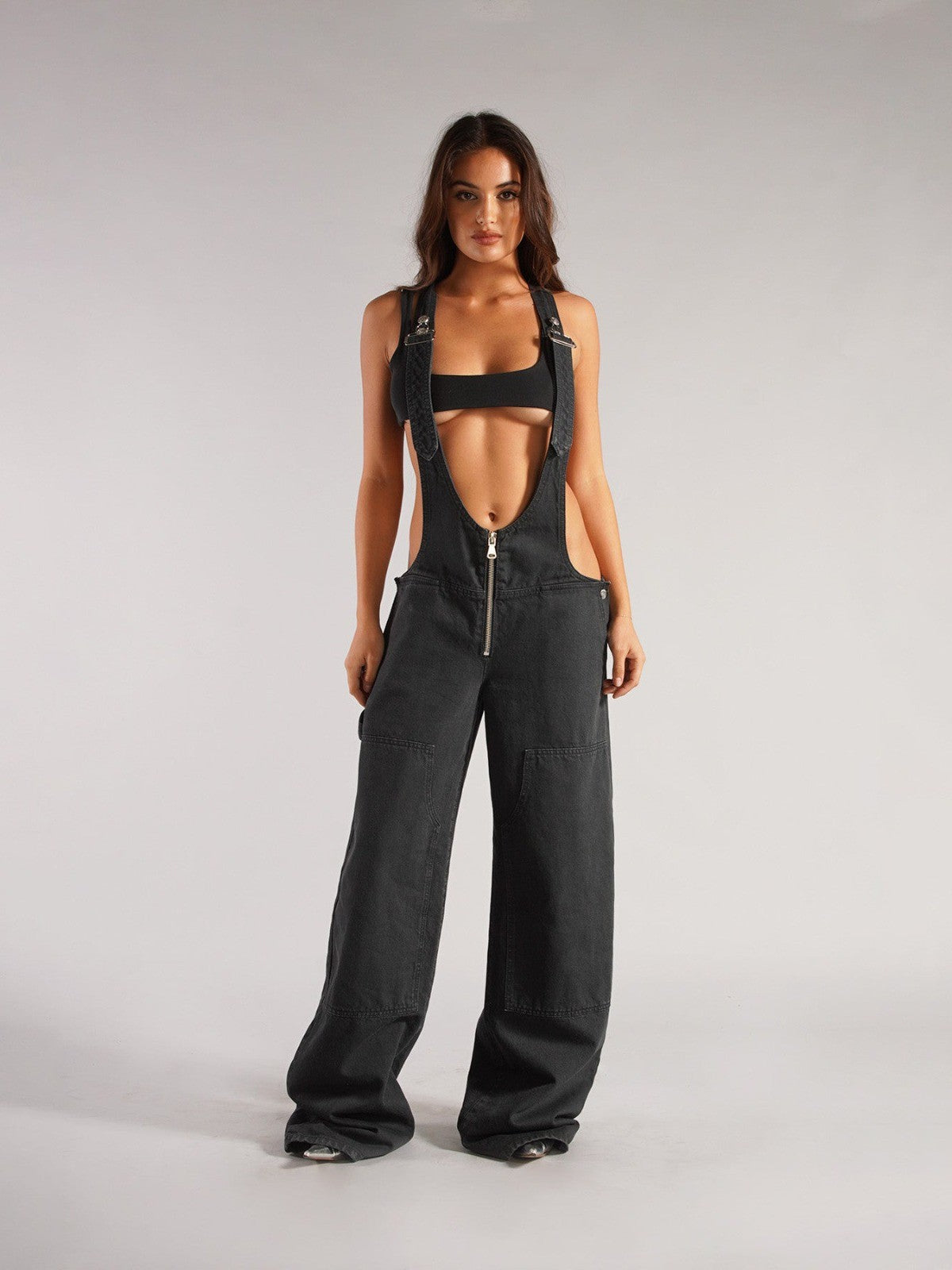 loose pocket wide leg Denim Jumpsuit