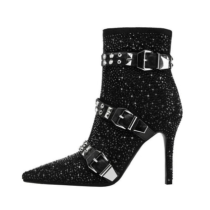 Crystal Stud Buckle Ankle Boots