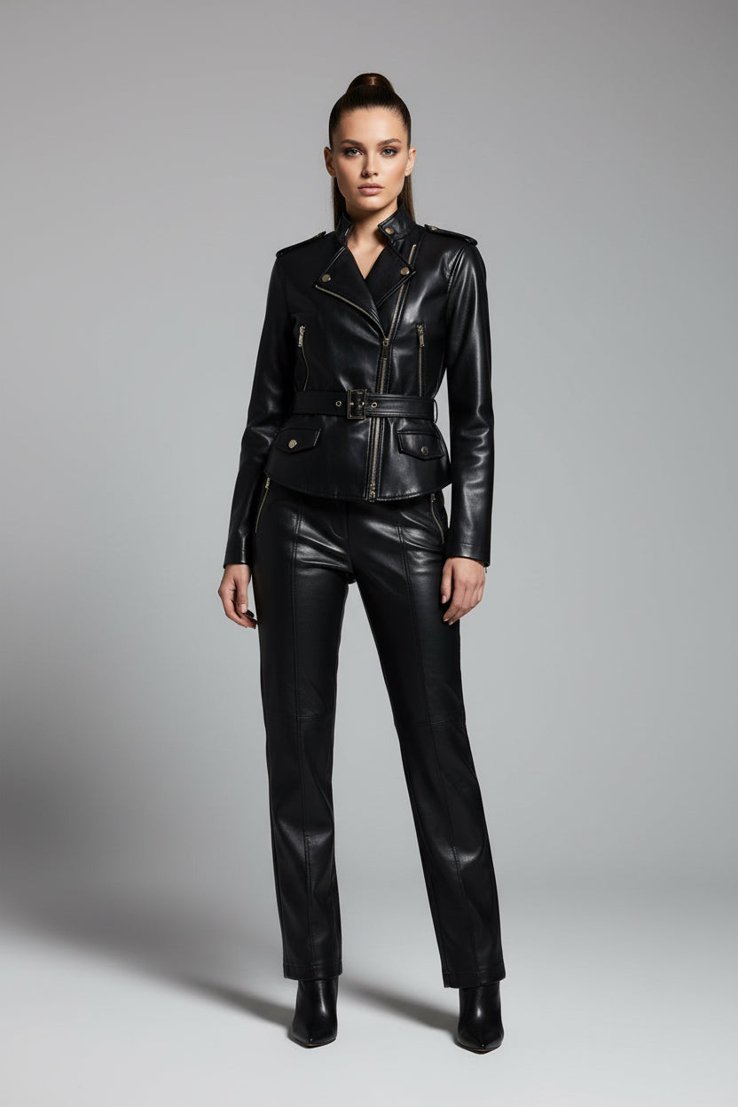 Black Belted Leather Jacket and Matching Trousers Set
